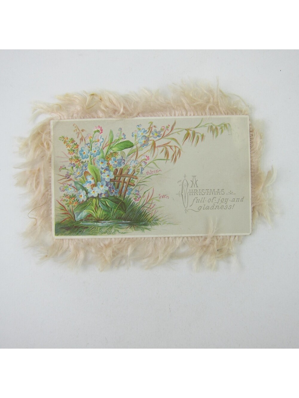 Victorian Christmas & New Years Card Ivory Fringe Blue & Pink Flowers Antique